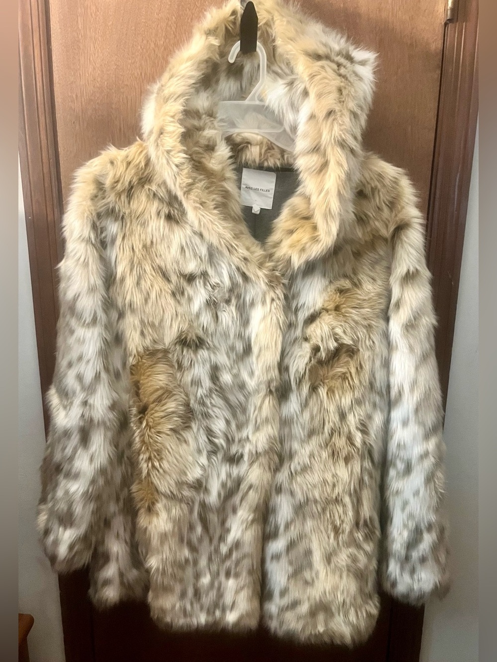 Avec Les Filles Size L Large Faux Animal Fur Coat Jacket Lynx Snow Leopard
